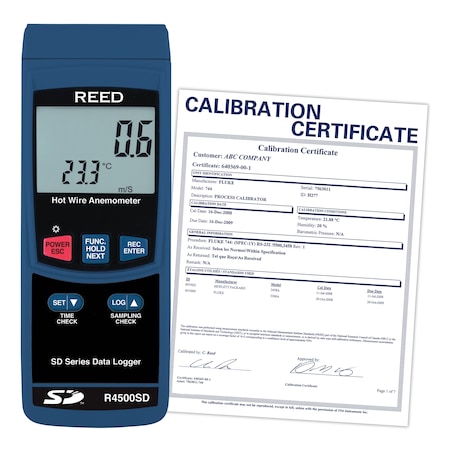 REED R4500SD Data Logging Hot Wire Thermo-Anemometer, Includes ISO Certificate